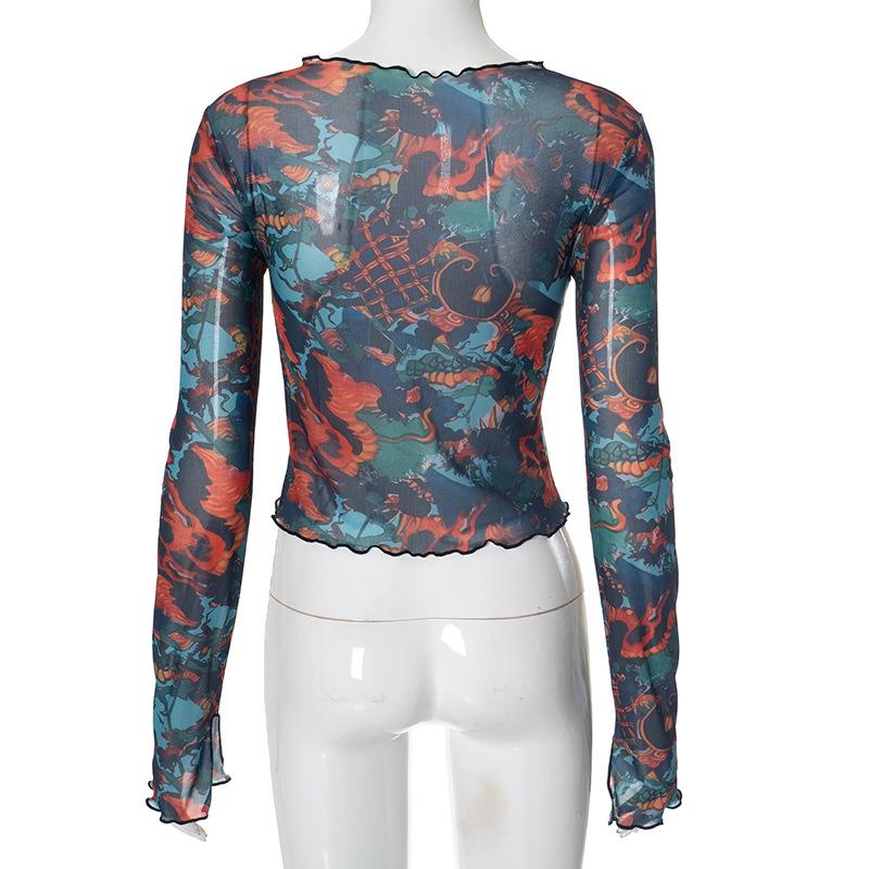 Long sleeve print ruffle sheer mesh crewneck top