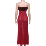 Vestido largo de tubo sin espalda con retazos de malla esponjosa 