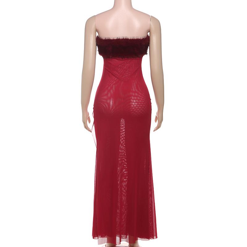Vestido largo de tubo sin espalda con retazos de malla esponjosa 