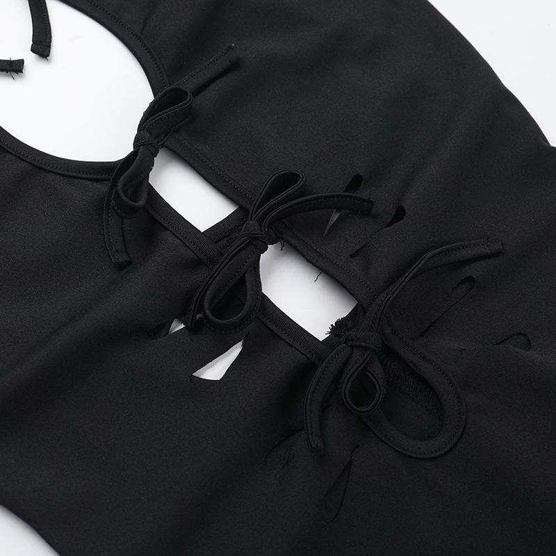 Self tie hollow out crewneck slit solid midi dress