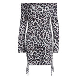 Long sleeve leopard print off shoulder ruched mini dress