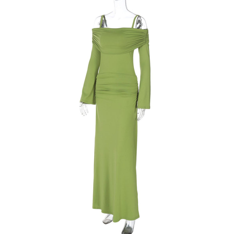 Ruched long sleeve off shoulder cami maxi dress