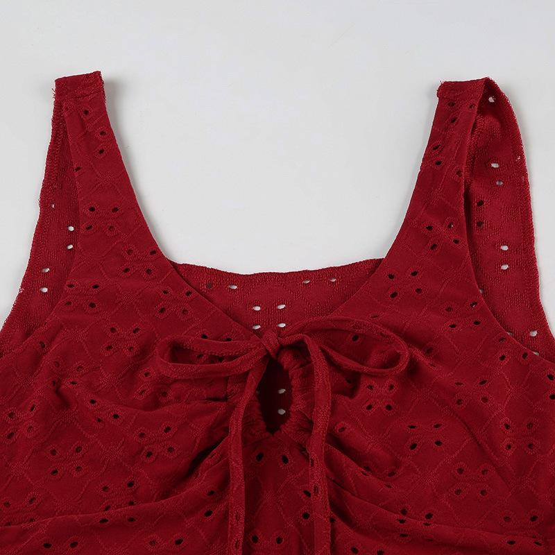 Hollow out v neck self tie textured tank top