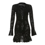 Long sleeve v neck self tie ripple button mini dress