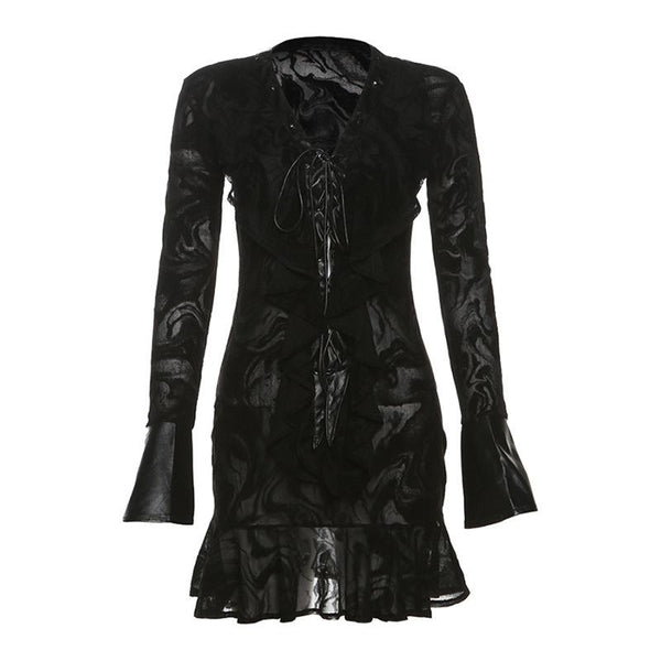 Vestido mini de manga larga con cuello en V, botones ondulados y lazo anudado 