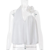 Halter irregular flower applique backless top