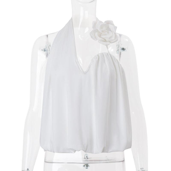Halter irregular flower applique backless top