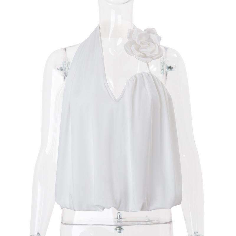 Halter irregular flower applique backless top