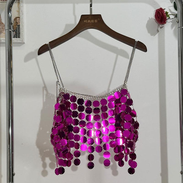 Haut camisole à col carré ajouré avec chaîne en métal pailleté 
