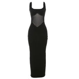 Vestido largo liso de corte bajo con parches de malla y cuello en V 