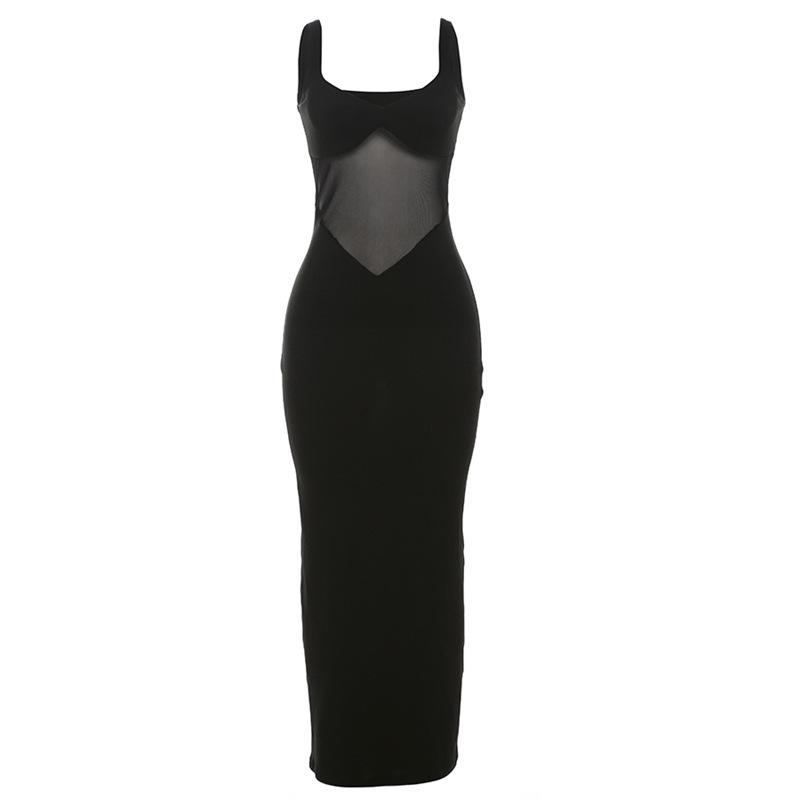 Vestido largo liso de corte bajo con parches de malla y cuello en V 