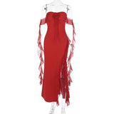 Ruched flower applique slit ruffle maxi dress