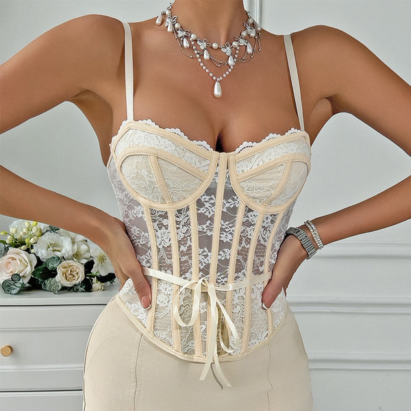 Haut caraco dos nu en dentelle avec col en V et ruban 