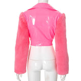 Zip-up long sleeve fluffy turnover collar crop top