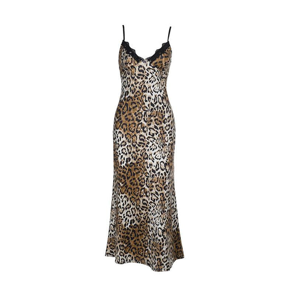 Robe midi à imprimé léopard avec ourlet en dentelle et col en V 