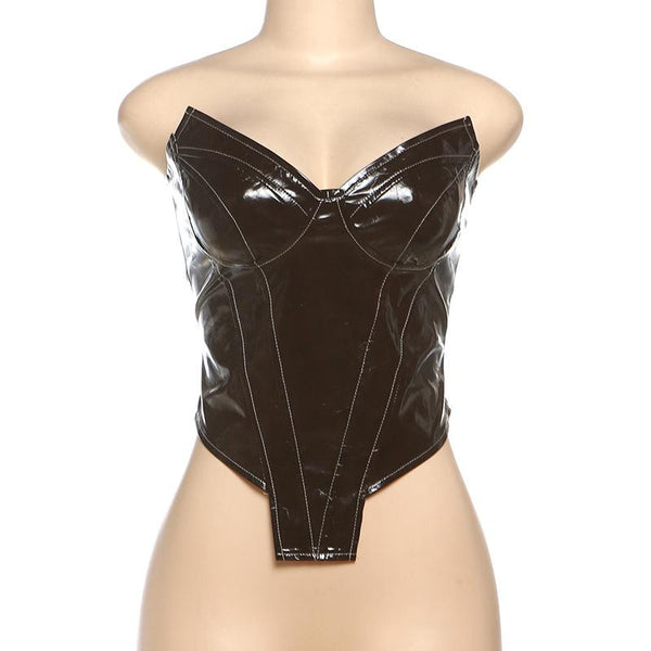 Brown zip-up PU leather backless tube top