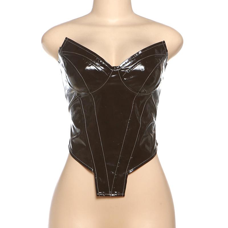 Brown zip-up PU leather backless tube top