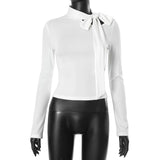 Hollow out bowknot self tie long sleeve solid top