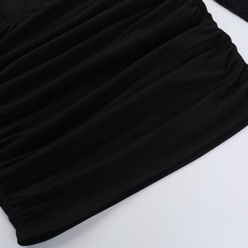 Vestido mini de manga larga con encaje calado y fruncido con lazo 
