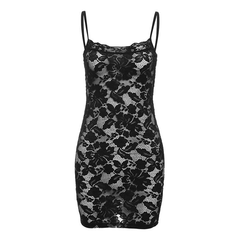 Vestido mini camisola con encaje calado y escote en U transparente 