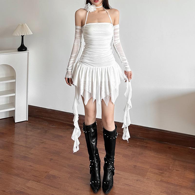 Vestido mini liso de manga larga fruncido con hombros descubiertos 