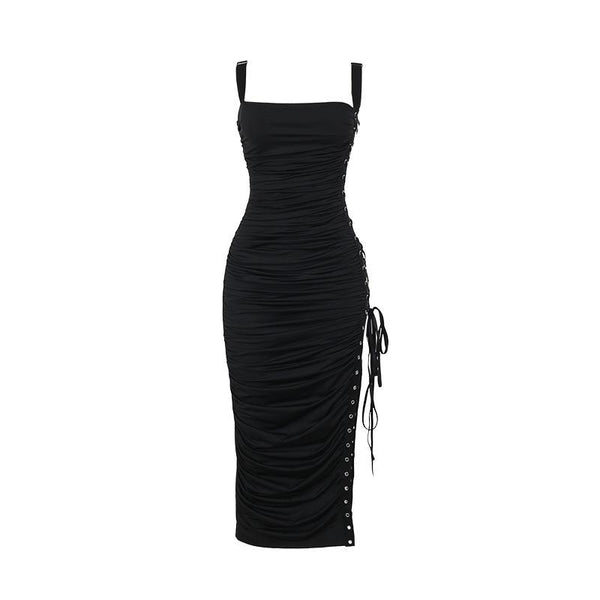 Vestido midi fruncido con escote cuadrado, cordones y aberturas 