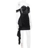 Irregular lace hem ruched solid tube mini dress