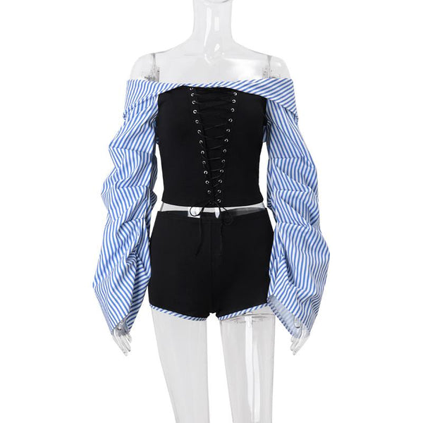 Long sleeve ruched striped off shoulder pant set