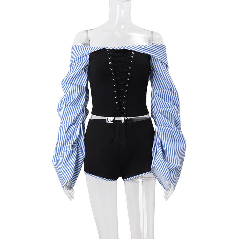 Long sleeve ruched striped off shoulder pant set