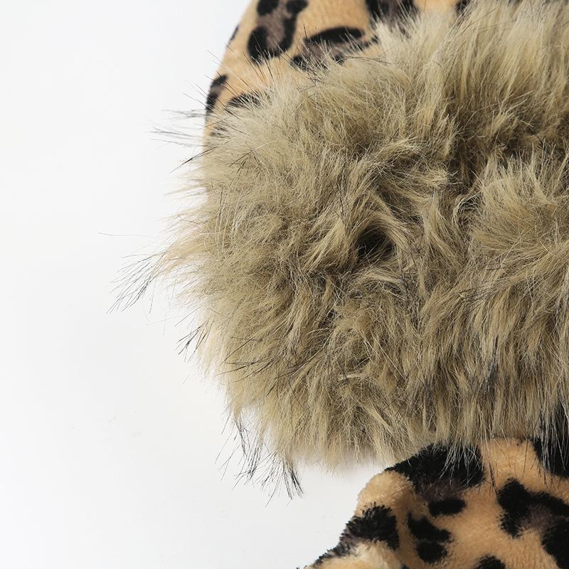 Long sleeve hoodie fluffy zip-up leopard print top