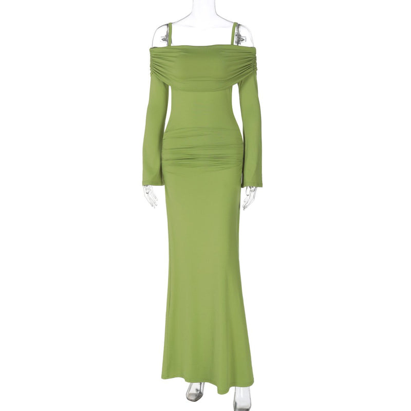 Ruched long sleeve off shoulder cami maxi dress