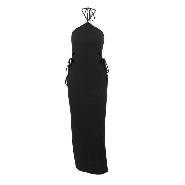 Vestido midi con espalda descubierta, textura, hueco y lazo en el cuello 