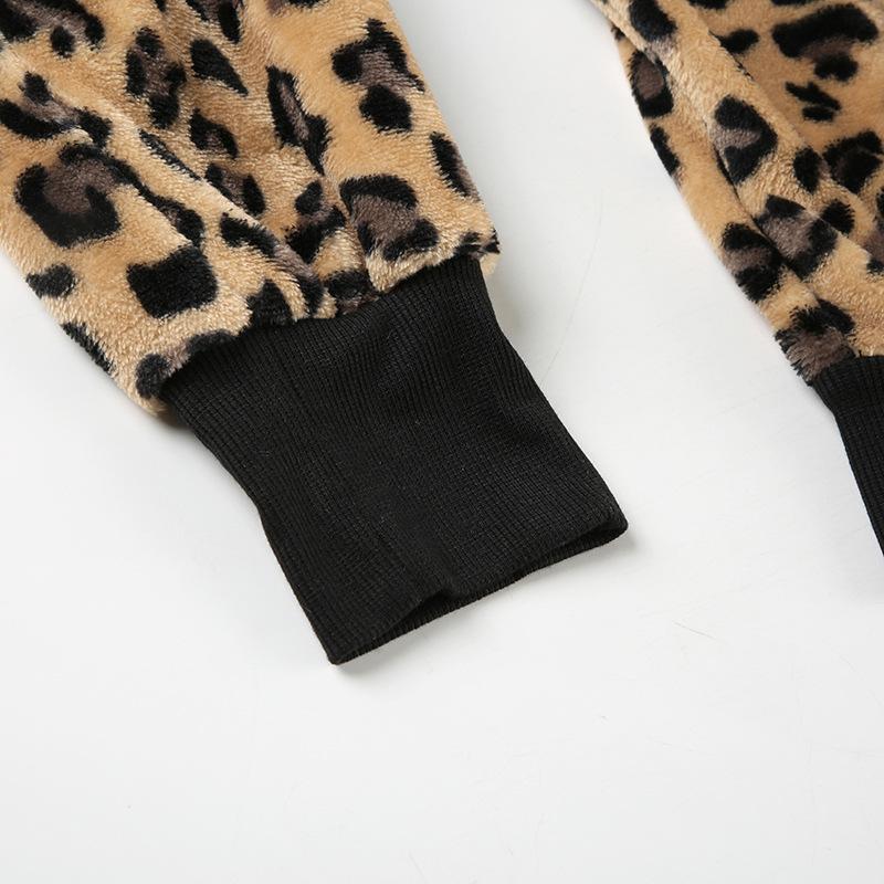 Long sleeve hoodie fluffy zip-up leopard print top