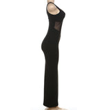 Vestido largo liso de corte bajo con parches de malla y cuello en V 