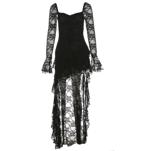 Mini-robe en dentelle à manches longues évasées et col en V irrégulier 