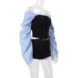 Long sleeve ruched striped off shoulder pant set
