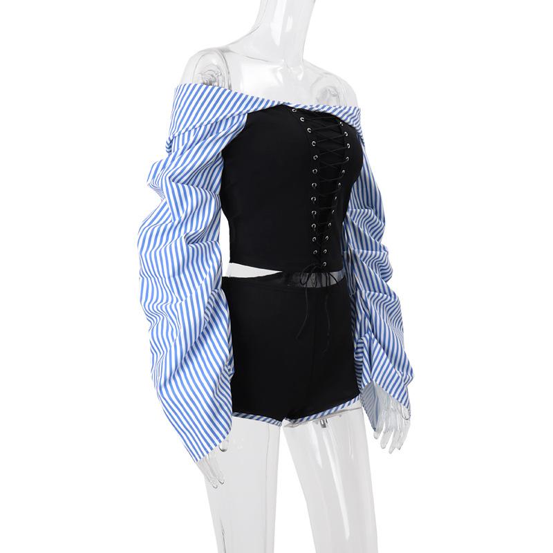 Long sleeve ruched striped off shoulder pant set
