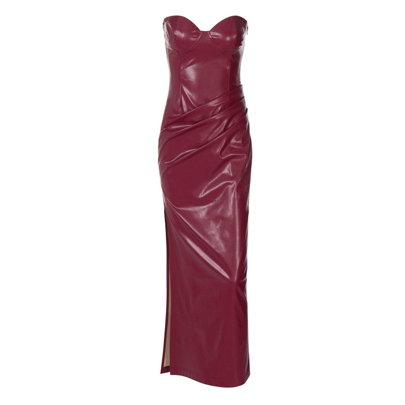 Vestido midi plisado de cuero sintético con cremallera y abertura 