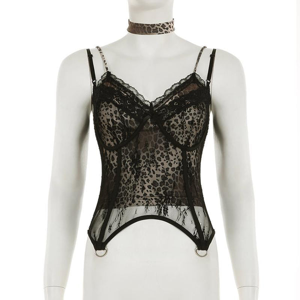 Haut camisole dos nu à imprimé léopard et col en V avec ourlet en dentelle 