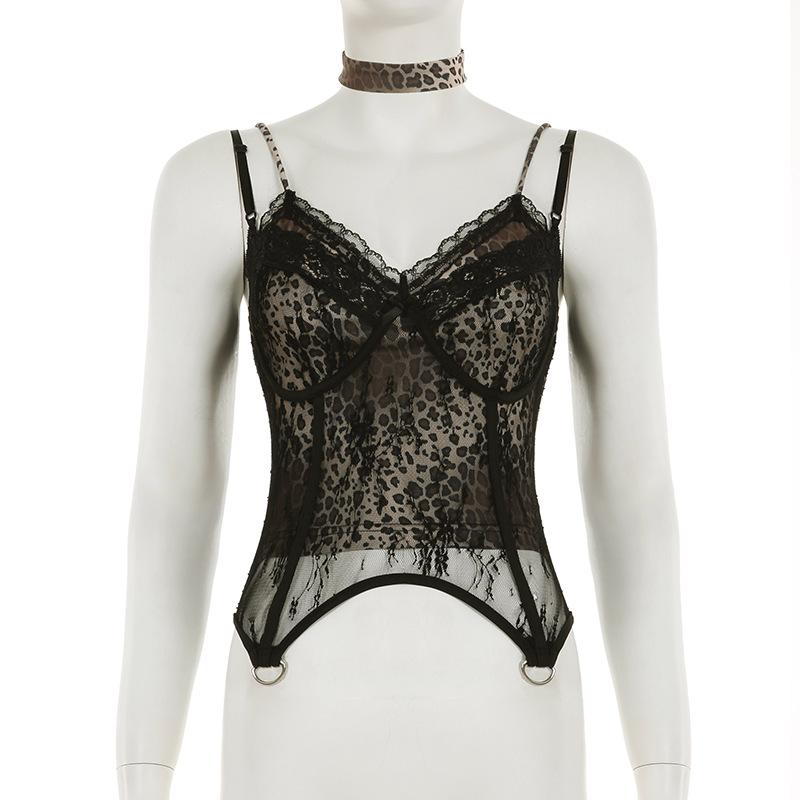 Top camisola sin espalda con estampado de leopardo, cuello en V y dobladillo de encaje 