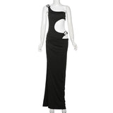 One shoulder hollow out high slit irregular maxi dress