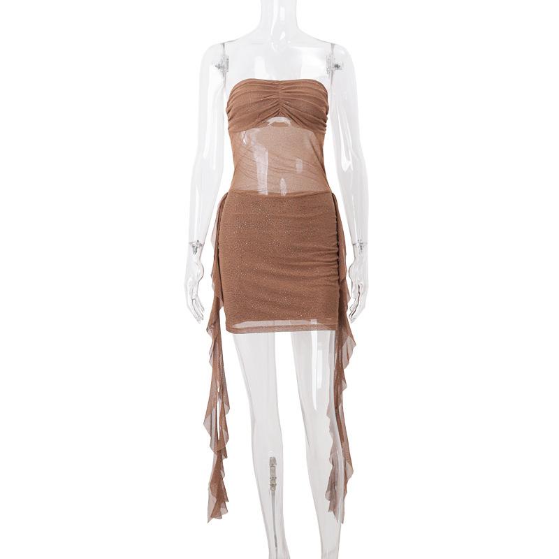 Ruched mesh beaded ruffle tube mini dress