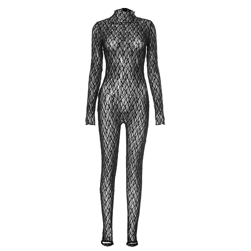 Mono de manga larga con encaje, cuello alto, cremallera y transparencias 