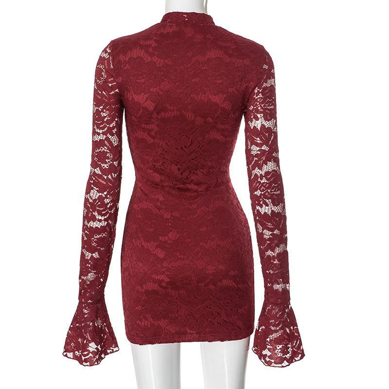 Long flared sleeve hollow out ruched lace mini dress