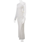 Robe longue ajourée à manches longues et ourlet en dentelle avec nœud papillon 