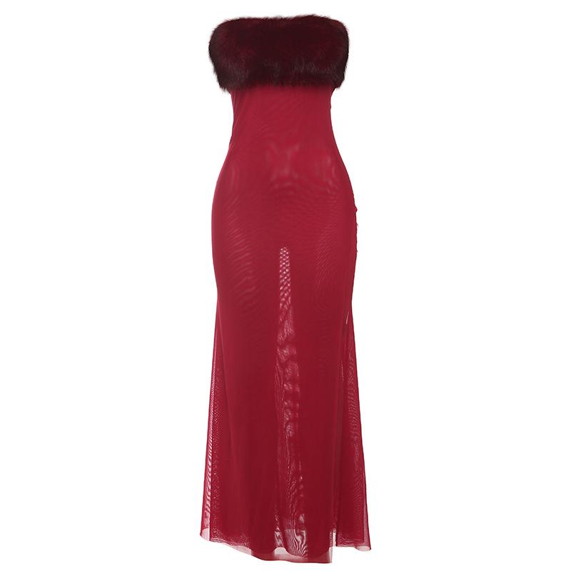 Vestido largo de tubo sin espalda con retazos de malla esponjosa 