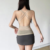 Cross back cowl neck mesh print cami top