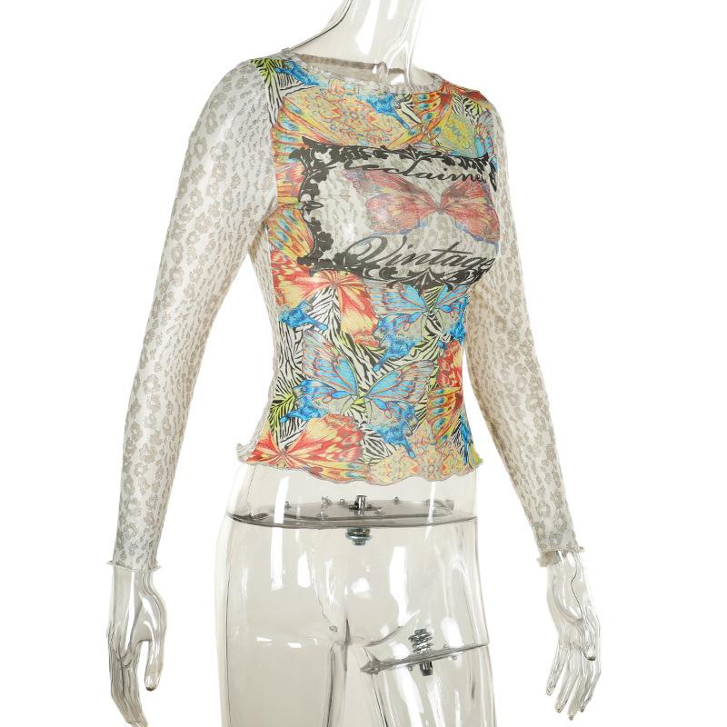 Long sleeve crewneck sheer mesh butterfly print top