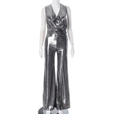 Mono con cuello halter fruncido y lazo metálico 