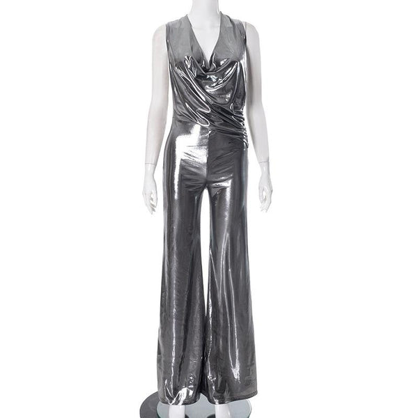 Mono con cuello halter fruncido y lazo metálico 